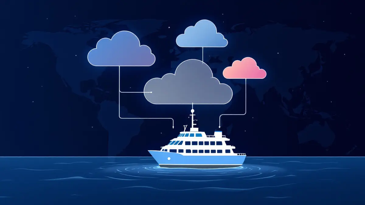 Digital illustration ship sea connected to abstract cloud shapes global themed background
