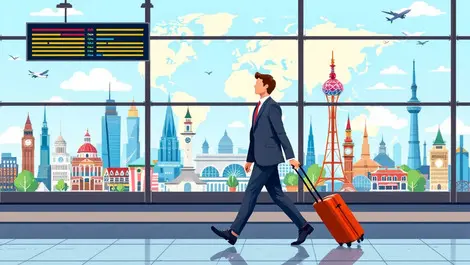 Business traveler with suitcase passing airport passport control global landmarks