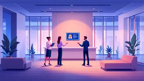 Modern office lobby sleek furnishings digital screens virtual assistant icon