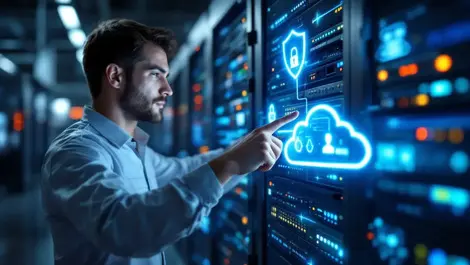 Technician configuring secure hardware in modern server room with cloud icons data protection