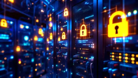 Realistic secure data center glowing servers cables digital lock icons cyber security