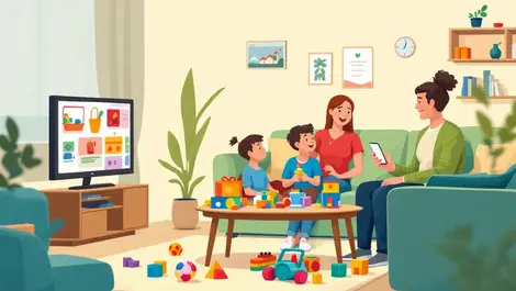Family watching tv cozy living room toys scattered parent shopping smartphone