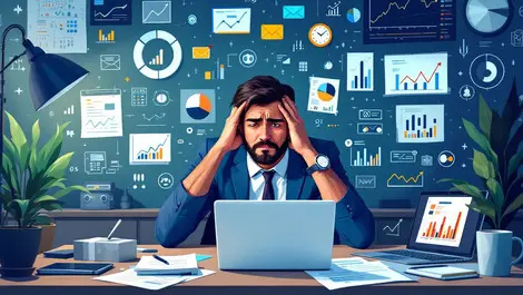 Stressed business professional digital marketing tools uk office illustration