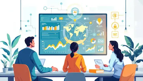 Professionals collaborating digital interface ai icons data charts modern office