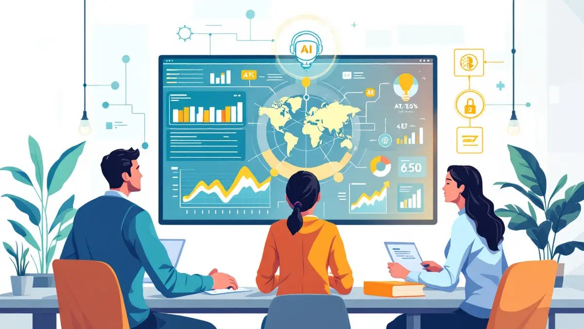 Professionals collaborating digital interface ai icons data charts modern office