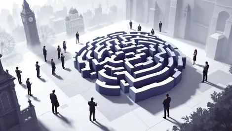 Uk business executives puzzled brain shaped maze classic british architecture