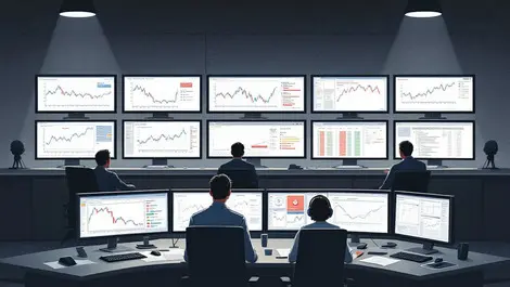 Control room security analysts monitoring alerts graphs calm focus