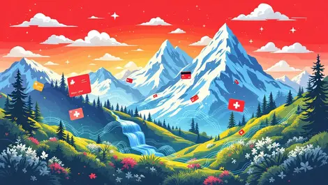 Swiss alpine scenery with digital credit cards and flowing data ai fintech