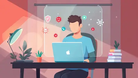 Freelancer working laptop home desk protected transparent shield digital threats