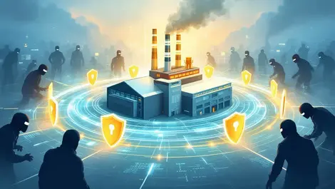 Large factory surrounded by digital shields shadowy threats cyber attacks