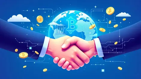 Blockchain bank handshake digital data coins globe financial collaboration