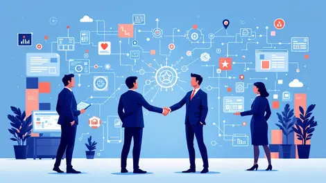 Business professionals handshake network diagrams digital devices technology collaboration
