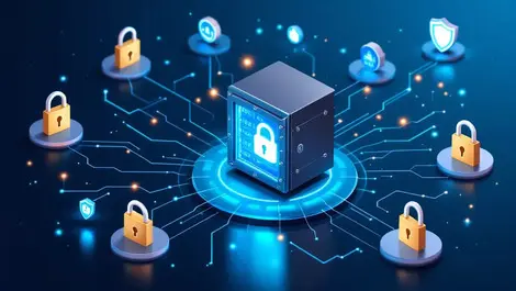 Secure data vault interconnected data streams padlocks shields enterprise government