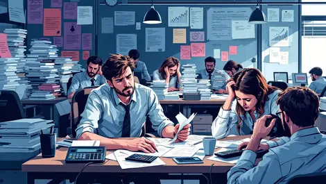 Tired office workers repetitive tasks paperwork calculators uk finance