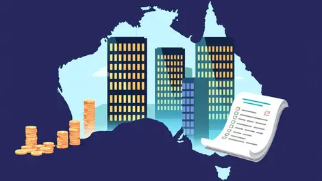 Corporate office buildings stacks of coins open ledger australia tax reporting