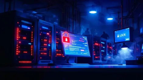 Realistic server room red warning lights lock icon shadowy intrusion