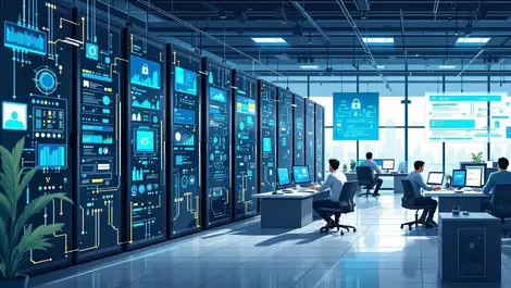 Modern office servers digital screens it professionals monitoring data security