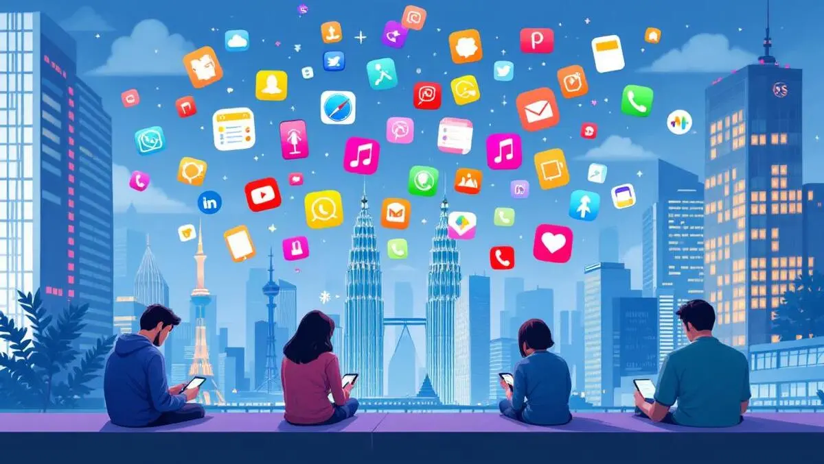 People using smartphones modern city digital activity apac landmarks