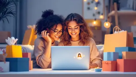 Realistic illustration woman using laptop home shopping bags boxes ai assistant uk