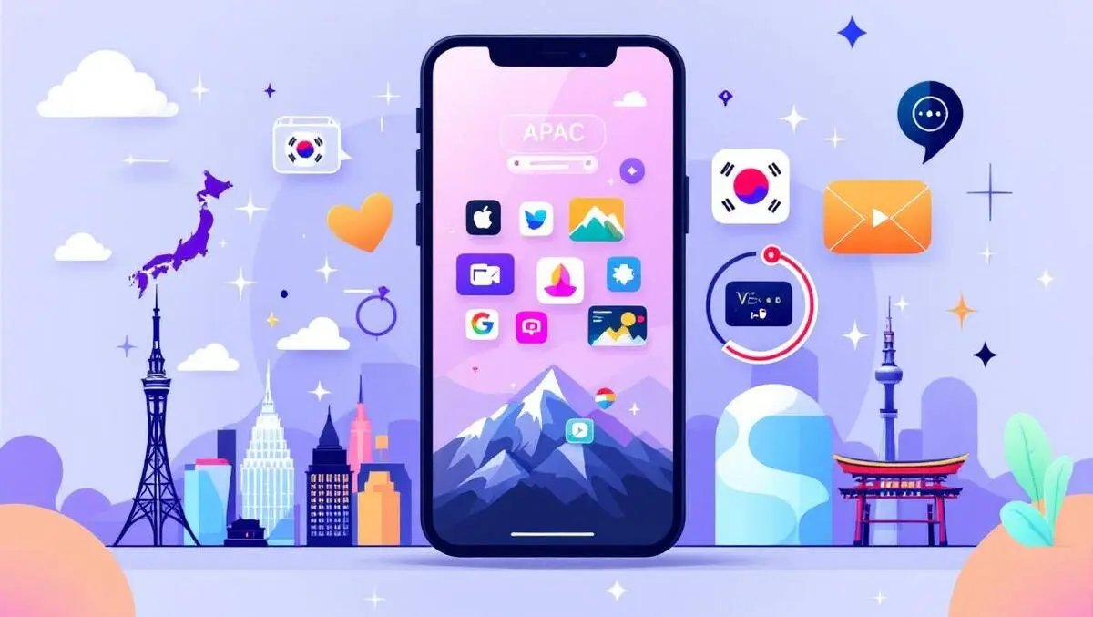 Smartphone app icons ai video content apac landmarks japan korea sea