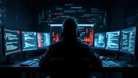 Hooded hacker dark room multiple screens blockchain code cyberattack