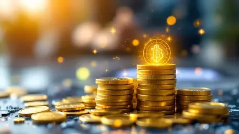 Realistic photo gold coins stacks glowing computer chip office background