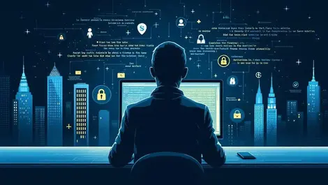 Shadowy figure computer digital code malware icons finance skyscrapers global cyber threats
