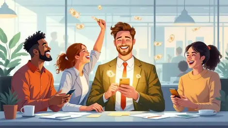 American office workers happily receiving instant wage access on smartphones