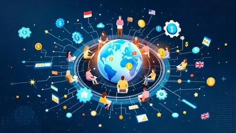 Global payroll automation interconnected people laptops us uk flags