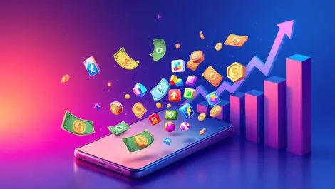 Mobile phone game icons flying dollar bills marketing graphs upward growth costs