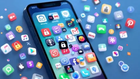 Cluttered smartphone home screen security apps overload confusion realistic digital illustration