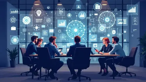 Uk business leaders collaborating around table with ai graphs modern office