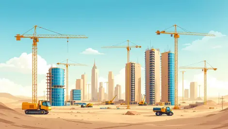 Construction site saudi arabia cranes tall buildings development machinery growth desert sky