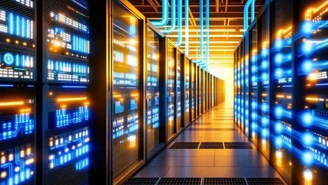 Detailed illustration data centre aisle server racks liquid cooling system