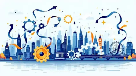 Uk city skyline gears flexible ribbons business growth technology environment remote work