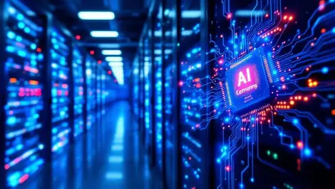 Modern data center rows servers cool ambient lighting close up glowing chip ai technology