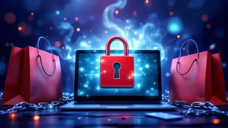 Locked laptop with shopping bags and digital chains symbolizing ransomware attack on retail