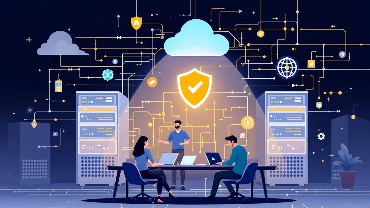 Secure digital data center servers data flow shield icons business collaboration