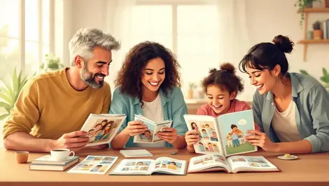 Australian family cozy gathering around table viewing photo books calendars