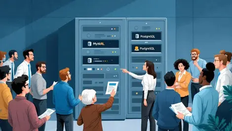 Business professionals frustrated around server examining mysql postgresql