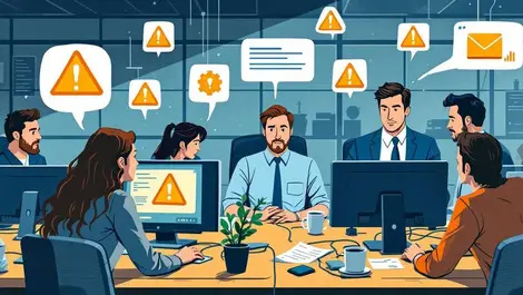 Concerned australian government office workers surrounded by cyber threat warnings modern office