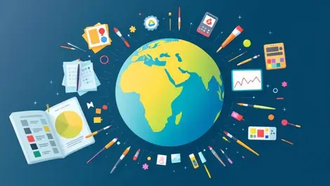 Globe surrounded by paintbrushes graphic tablets color palettes global open access design software