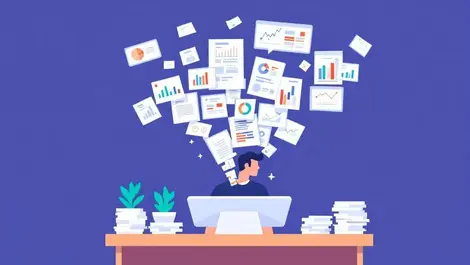 Accountant at desk papers transforming into digital charts automation efficiency