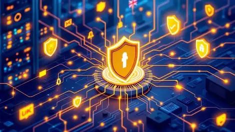 Modern secure data center illustration glowing network cables shield icons uk elements