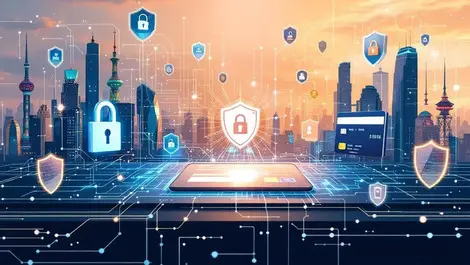 Secure digital payment transaction ai technology payment cards shields asia pacific cityscape