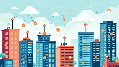 Indian office buildings cloud migration data arrows cost savings illustration