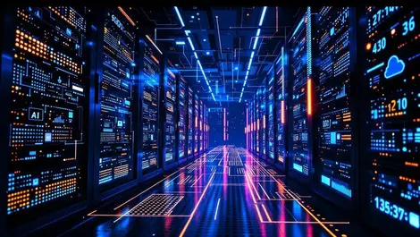 Realistic modern data center interior server racks glowing lights digital data streams ai cloud technology