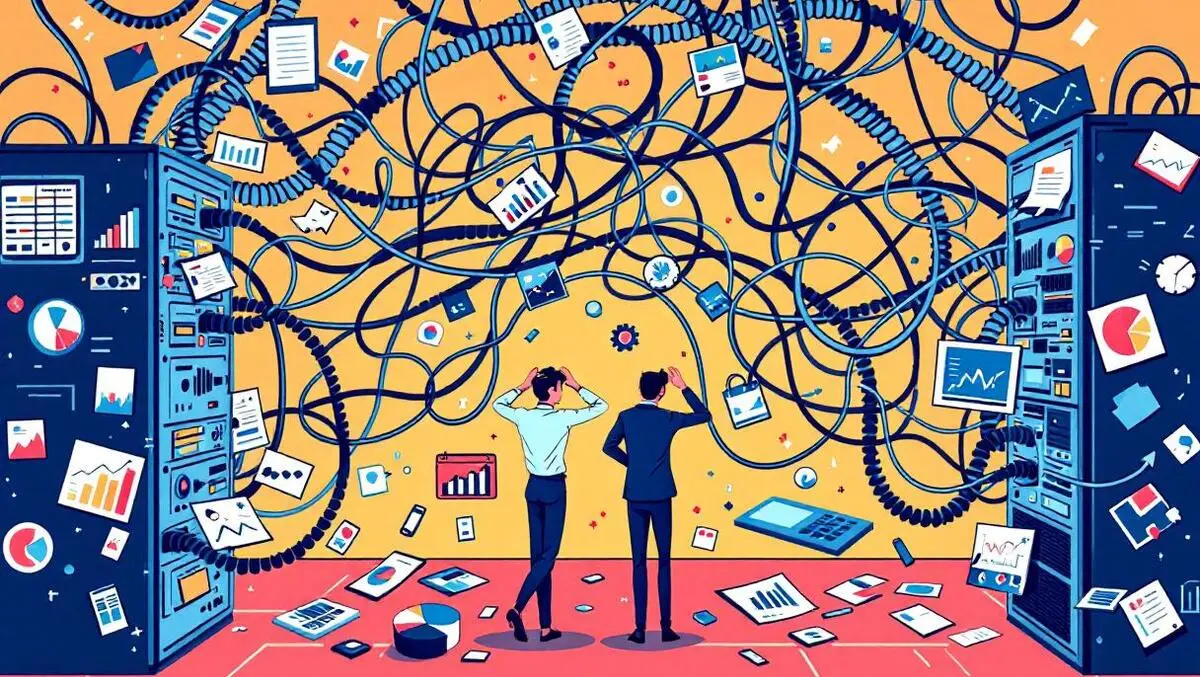 Illustration tangled computer cables messy data servers frustrated australia new zealand businesspeople scattered charts