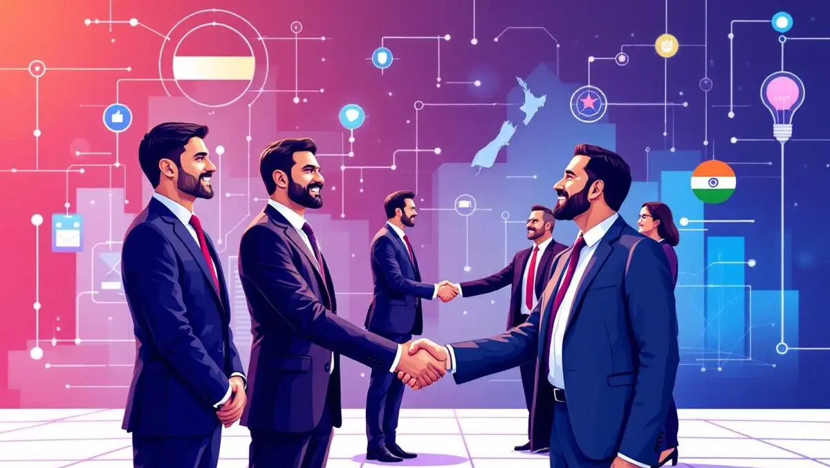 Indian business leaders shaking hands new zealand professionals trade tech collaboration