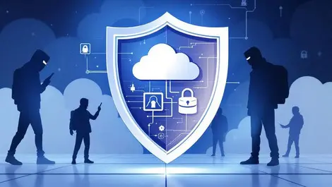 Shield protecting cloud storage icons cyber attackers digital security